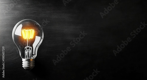 Light bulb glowing on a black background with copy space  photo