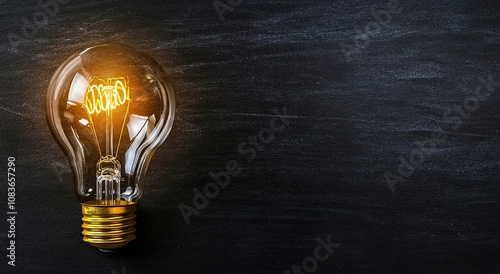 Light bulb glowing on a black background with copy space  photo