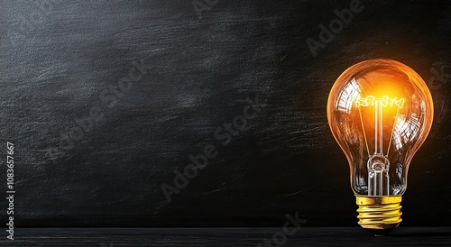 Light bulb glowing on a black background with copy space  photo