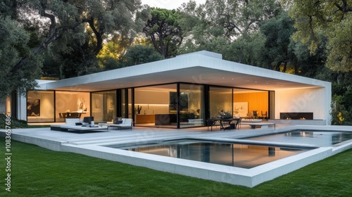 Modern house with pool and outdoor patio amidst a green landscape.