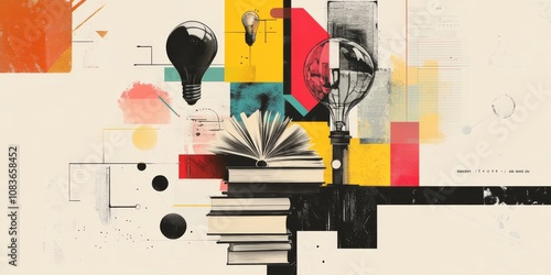 A modern art collage with an infographic style shows the idea of learning. It uses old-fashioned designs to create a poster or advertisement about reading, education, creativity, and online learning.