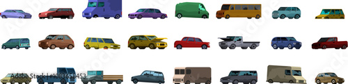 Abandoned broken car icons set. Colorful collection of different cars and trucks representing various transportation and logistics needs