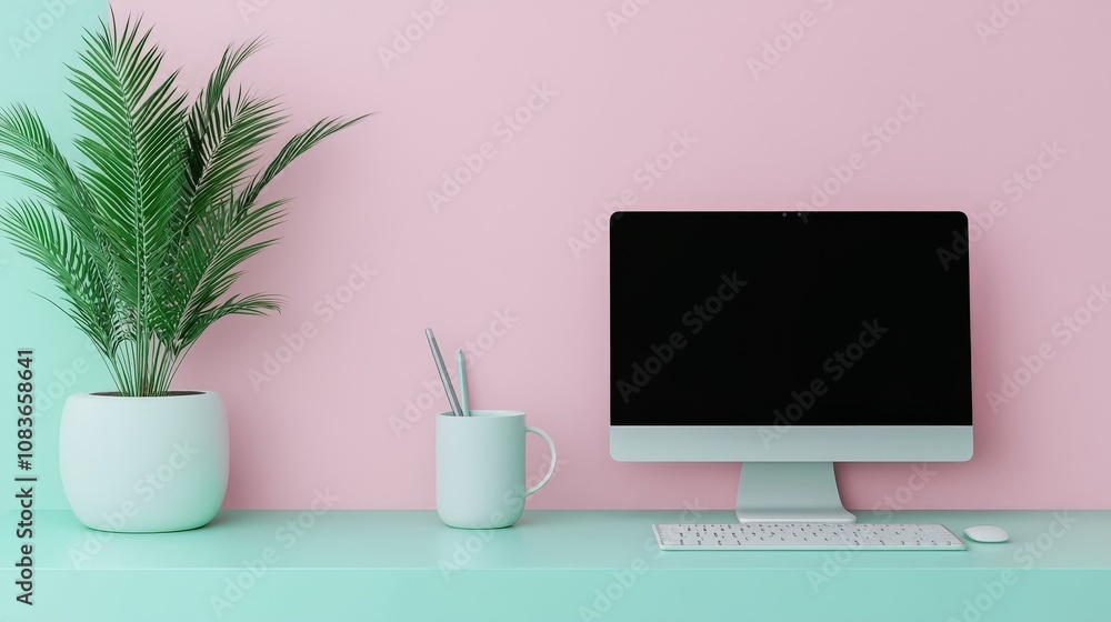 Fototapeta premium Minimalist Workspace Desktop Computer Plant Pastel Colors