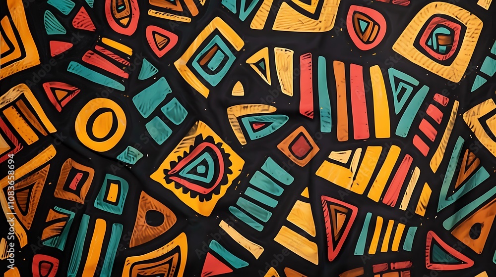 Naklejka premium A vibrant abstract pattern featuring colorful geometric shapes on a dark background.