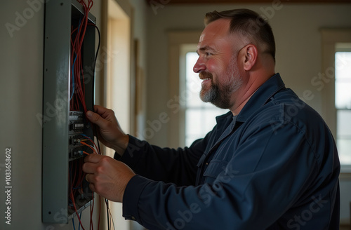 male builder carrying out repair work in a house. electrical, tile replacement, window replacement, floor filling photo