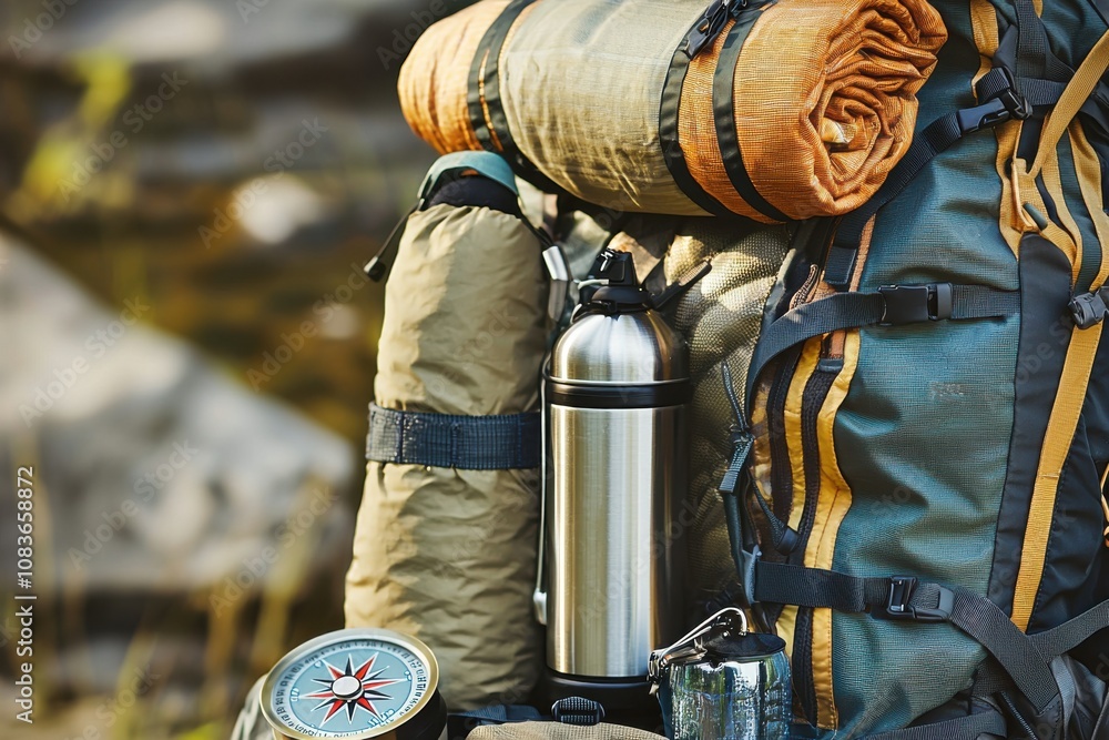 Fototapeta premium A collection of outdoor gear for camping and hiking, including a backpack, sleeping bag, and compass.