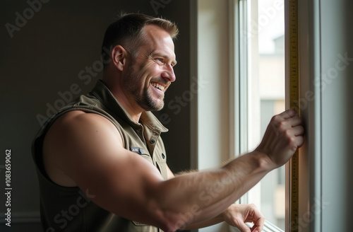 male builder carrying out repair work in a house. electrical, tile replacement, window replacement, floor filling photo