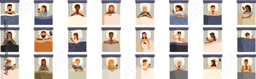 Bed phones icons set. People lying in bed and using their smartphones before sleeping at night