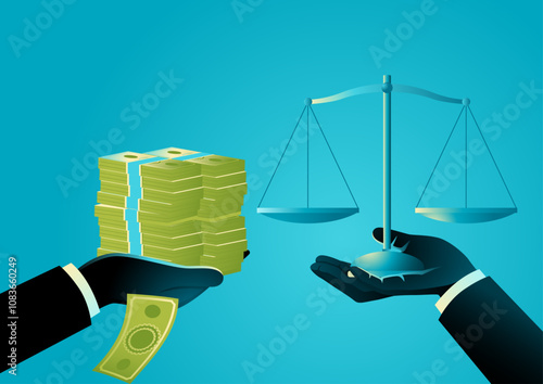 Hand offering a stack of money to another hand holding a justice scale. Symbolizing the exchange of money for influence over the law, the dark side of corruption and unethical practices