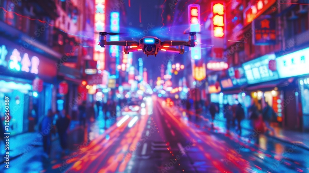 Obraz premium Drone flying over vibrant night city street.