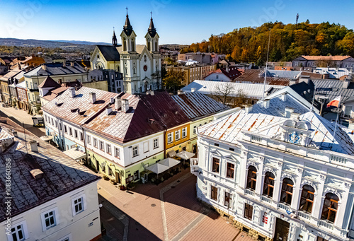 Fototapeta Naklejka Na Ścianę i Meble -  Aerial view of the city of Sanok in Bieszczady Mountains, Poland