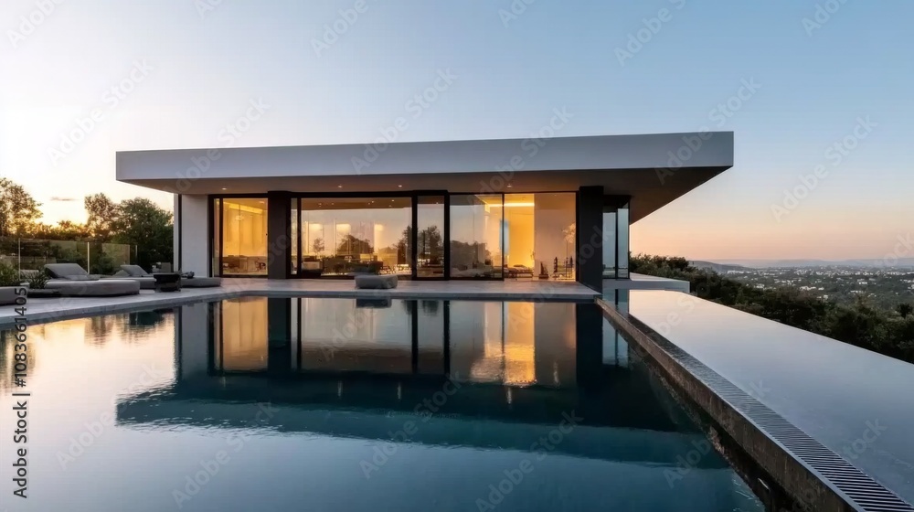 Fototapeta premium Modern Architectural Home with Infinity Pool and Evening Sky