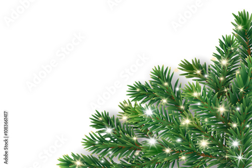 Christmas tree decoration. Holiday fir tree garland, festive Christmas corner. Winter season frame, realistic spruce branch with glowing Christmas lights. Transparent background in vector file.