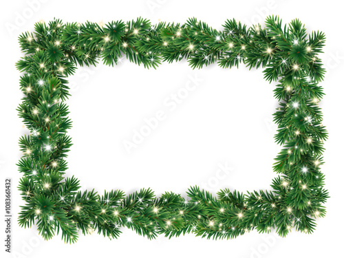 Christmas wreath with glowing Christmas lights. Christmas tree decoration. Holiday fir tree garland. Festive winter season frame, realistic spruce branches. Transparent background in vector file.