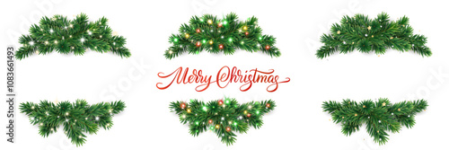 Christmas tree decoration. Holiday fir tree garland, festive Christmas frame. Winter season wreath, realistic spruce branch with glowing Christmas lights. Transparent background in vector file.