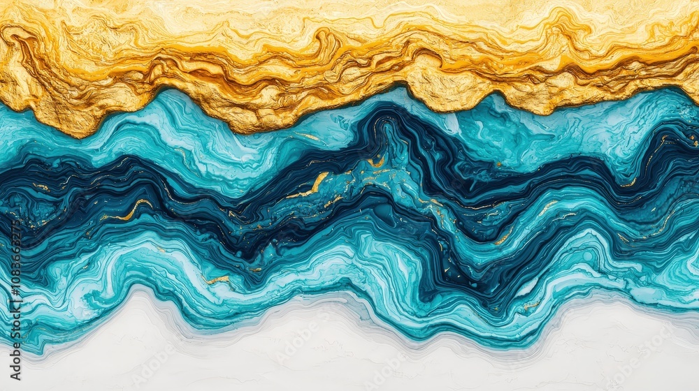 Fototapeta premium Abstract Teal Gold Swirl Ink Marble Texture Background