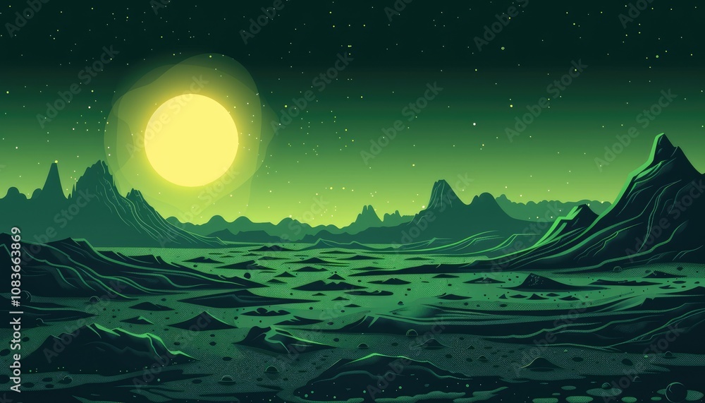 Obraz premium A Night Sky with a Large Yellow Moon Over a Green Mountain Landscape