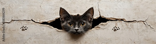 A curious cat pokes its head through a crack in the wall, framed by peeling paint, showcasing its playful personality. photo