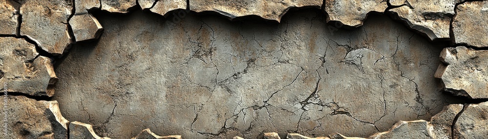 Obraz premium A cracked wall surface with a large, empty space in the center, showcasing a rough texture and worn-out edges.