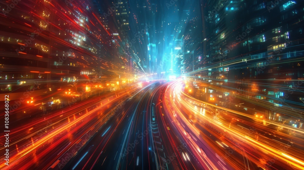 Obraz premium Night city highway, light trails.