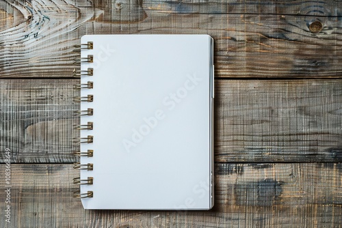 Open blank notepad with empty white pages laying on a wooden table background for any design photo