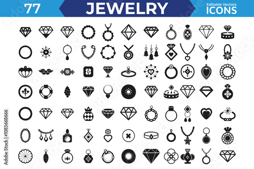 A set of black and white icons depicting various jewelry items such as necklaces, earrings, rings, bracelets, and pendants