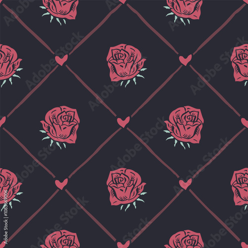 Seamless pattern with hand drawn red rose flowers inside trellis. Romantic floral background. Valentines day wrapping design.