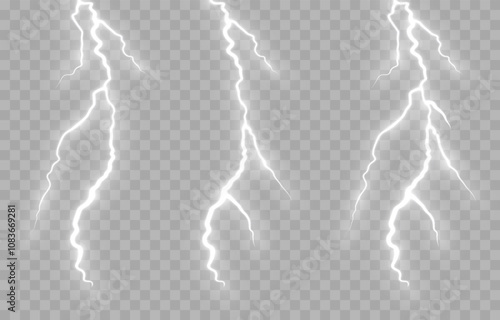 Vector lightning PNG. Thunderstorm lightning, bright flash of light png. Natural phenomenon.