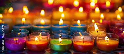 group of colorful, lit candles in decorative clay pots are arranged on the table for a Diwali celebration photo