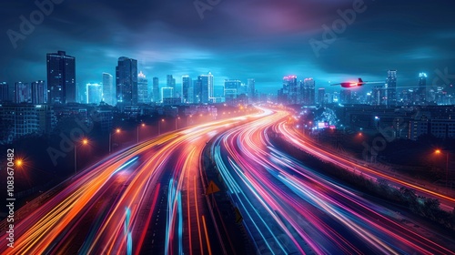 Night city highway, light trails, drone.