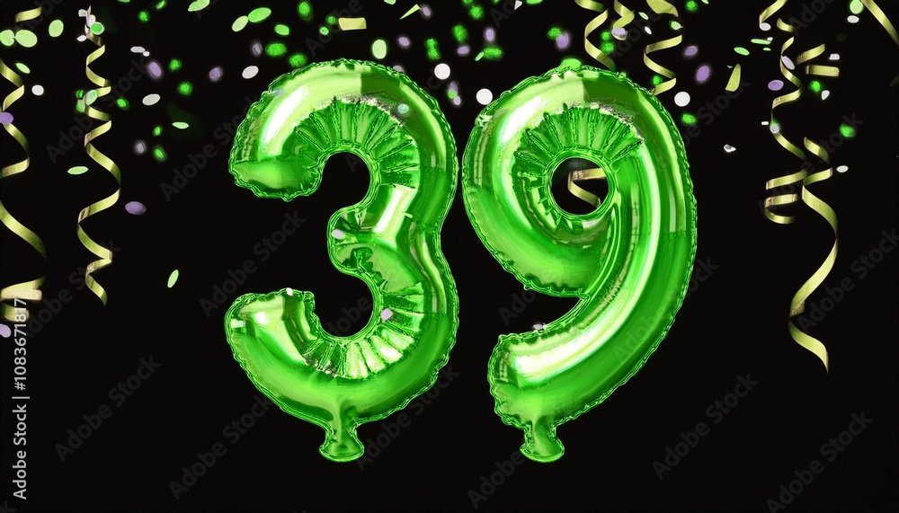 Obraz premium Green birthday / anniversary balloon, number 39, black background with confetti