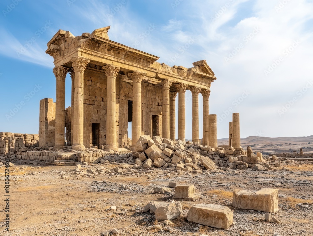Obraz premium Ancient ruins of a temple with columns, showcasing historical architecture against a blue sky.