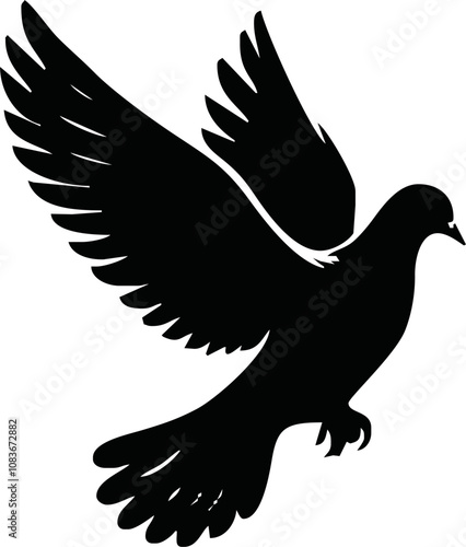 Dove icon. Black silhouette of a dove in flight carrying an olive branch on a white background. Peace symbol. Religious icon. Vector illustration.
