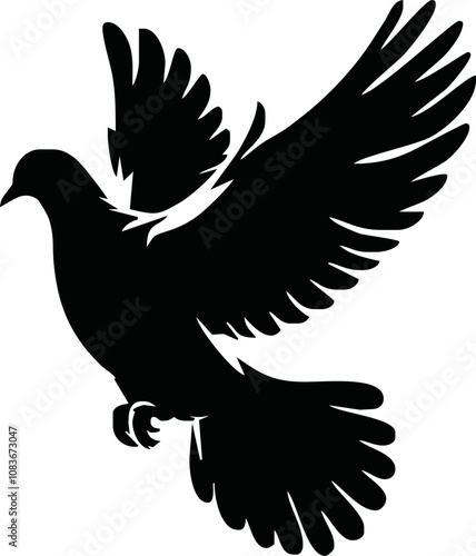 Dove icon. Black silhouette of a dove in flight carrying an olive branch on a white background. Peace symbol. Religious icon. Vector illustration.