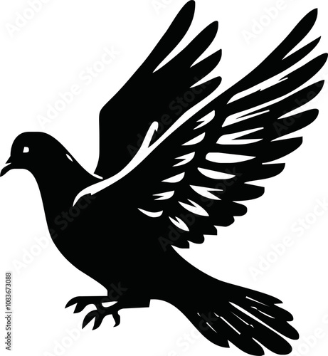 Dove icon. Black silhouette of a dove in flight carrying an olive branch on a white background. Peace symbol. Religious icon. Vector illustration.