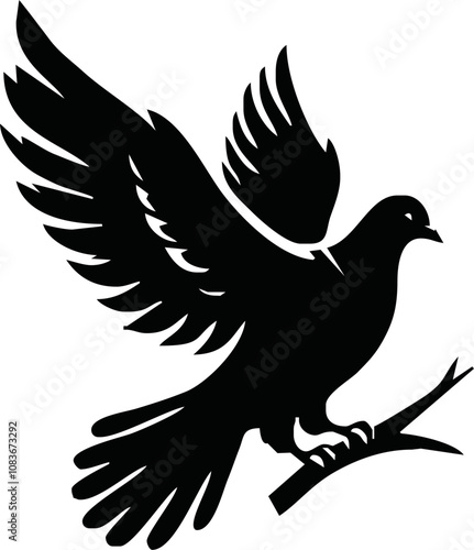 Dove icon. Black silhouette of a dove in flight carrying an olive branch on a white background. Peace symbol. Religious icon. Vector illustration.