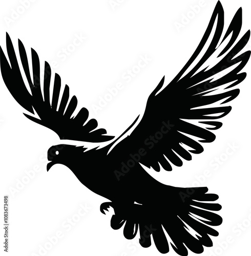 Dove icon. Black silhouette of a dove in flight carrying an olive branch on a white background. Peace symbol. Religious icon. Vector illustration.