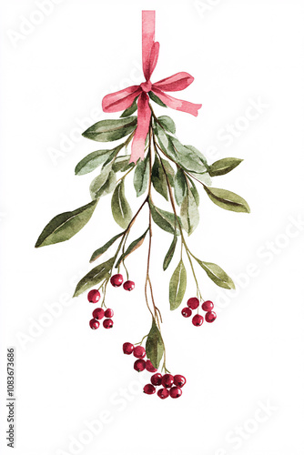 Watercolor Illustration of Mistletoe with Red Berries and Festive Ribbons on white background photo