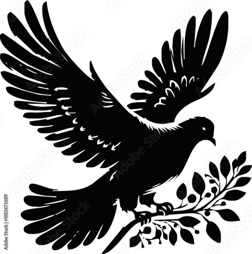 Dove icon. Black silhouette of a dove in flight carrying an olive branch on a white background. Peace symbol. Religious icon. Vector illustration.