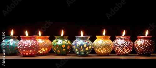 group of colorful, lit candles in decorative clay pots are arranged on the table for a Diwali celebration photo