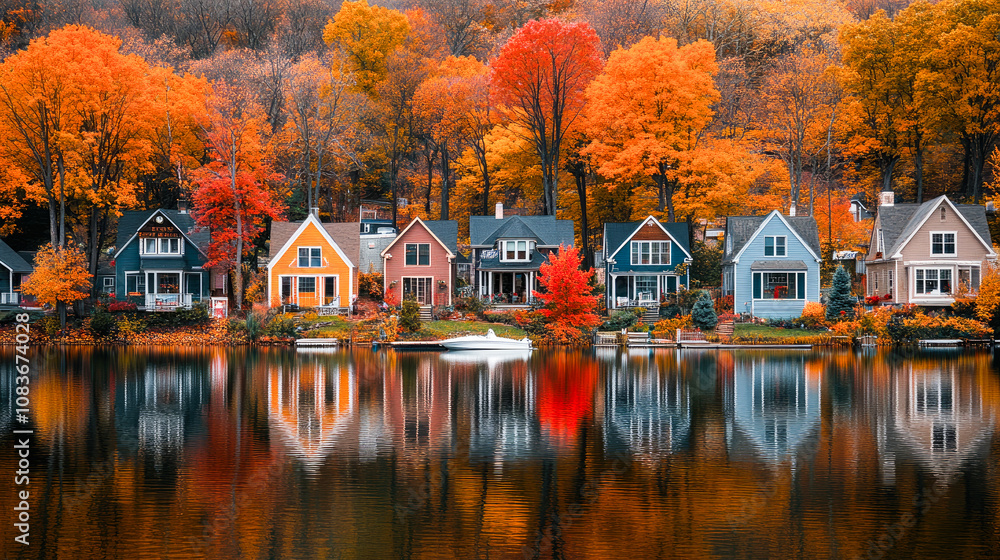 Fototapeta premium Quaint lakeside cottages reflect in water, enveloped by rich autumn colors, creating a peaceful and charming atmosphere.