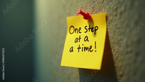 A sticky note pinned to a wall with the handwritten phrase 'One step at a time!' emphasizing motivation and perseverance. The lighting highlights the simplicity of the message, creating a sense of foc photo