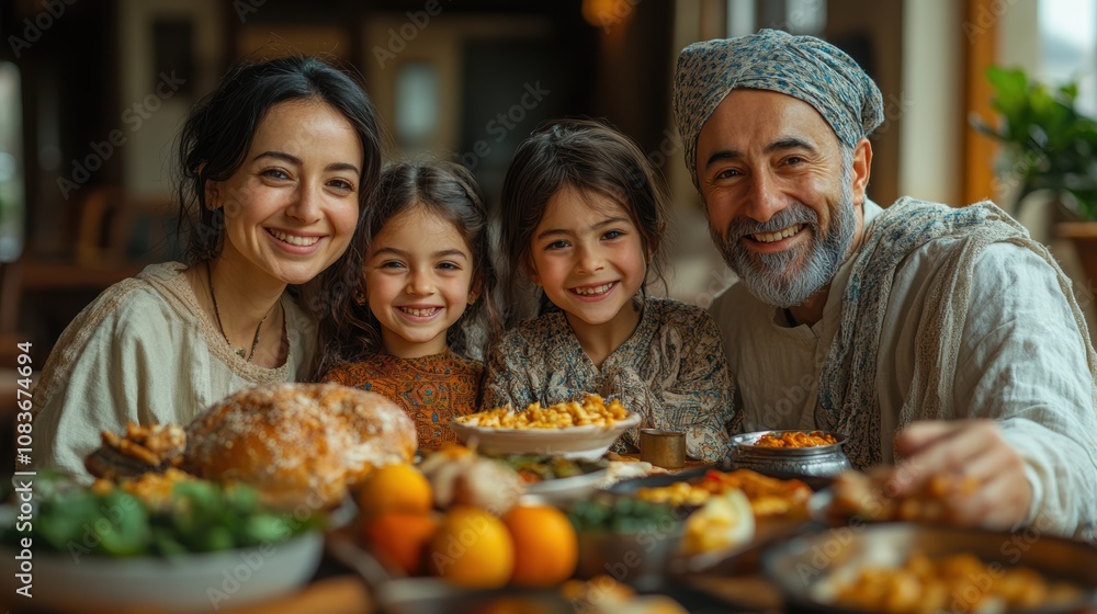 Fototapeta premium Multicultural family sharing food in the living room, relaxed and inclusive setting