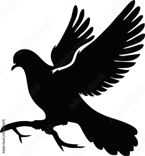 Dove icon. Black silhouette of a dove in flight carrying an olive branch on a white background. Peace symbol. Religious icon. Vector illustration.