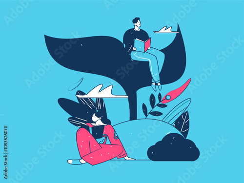 Vector flat illustration of characters in spring
