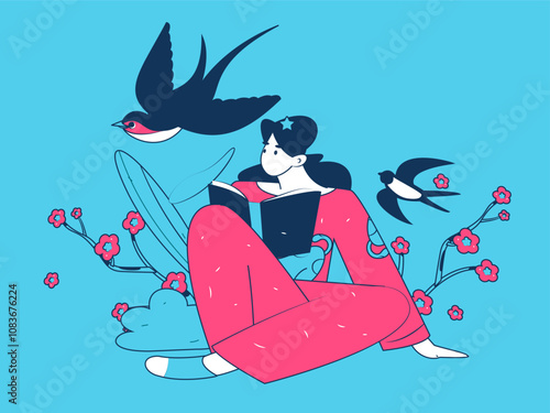 Vector flat illustration of characters in spring
