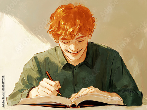 Artistic Illustration of a Red-Haired Man Writing and Reading, Evoking Creativity, Study, and Thoughtfulness in a Warm Style