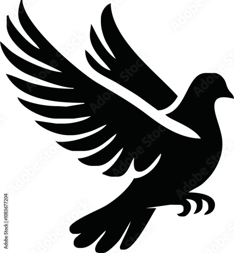 Dove icon. Black silhouette of a dove in flight carrying an olive branch on a white background. Peace symbol. Religious icon. Vector illustration.