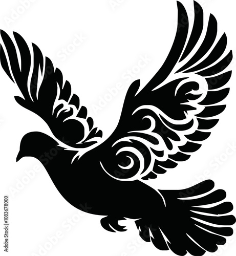 Dove icon. Black silhouette of a dove in flight carrying an olive branch on a white background. Peace symbol. Religious icon. Vector illustration.