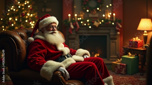 Santa Claus in a cozy armchair wearing his iconic red suit, smiling warmly near a decorated Christmas tree with glowing lights. Wrapped presents are stacked under the tree, creating a festive atmosphe photo